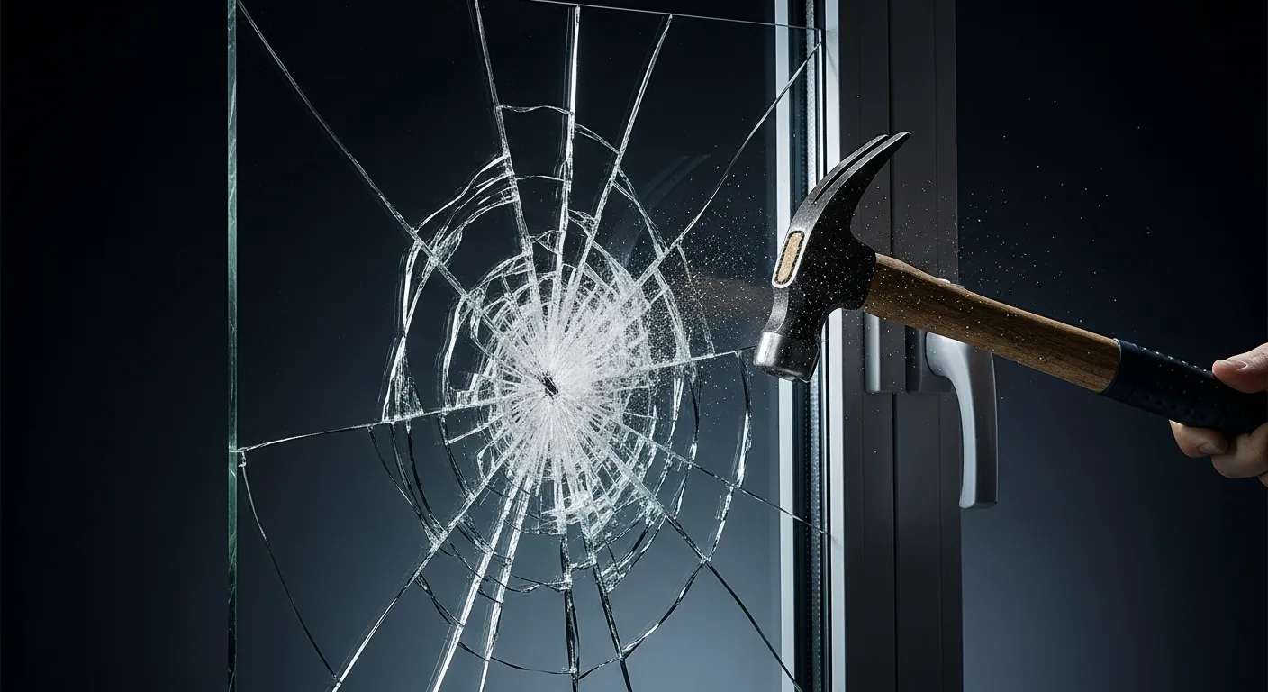 Live break test of forced-entry security window film — glass cracks but stays bonded in the frame
