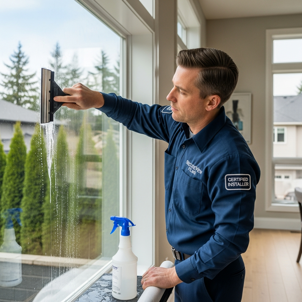 Certified window film installer applying security film in Toronto home