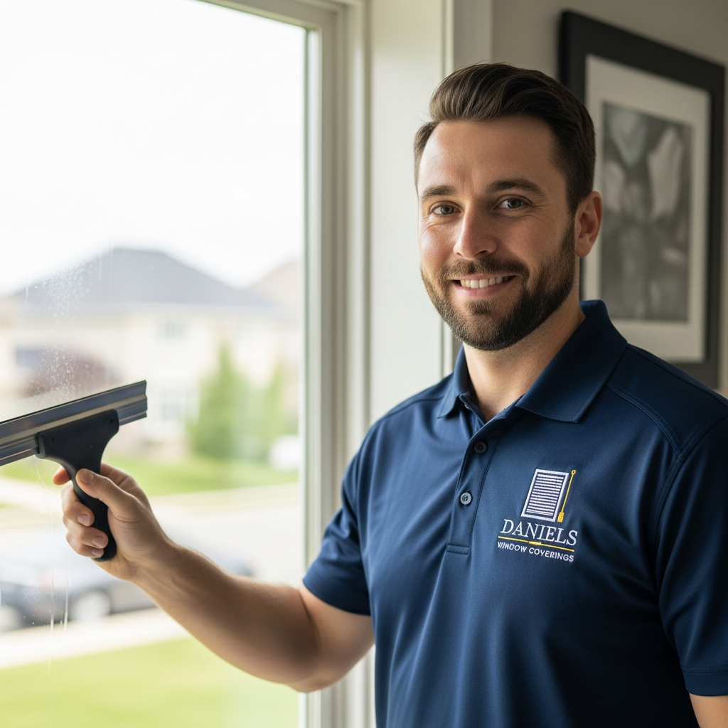 Daniels Window Coverings installer in navy branded uniform